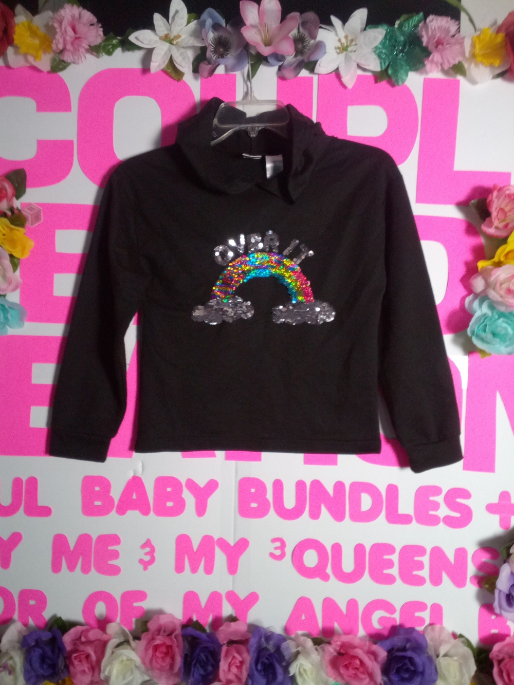 Girls' Black Sequin Rainbow Hoodie Sweatshirt